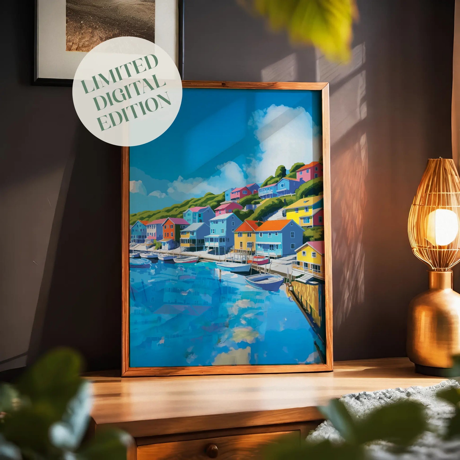 Charming harbor town wall art featuring vibrant seaside houses in bold colors lining a hillside above a marina filled with boats, under a bright blue sky with fluffy clouds reflected in the water