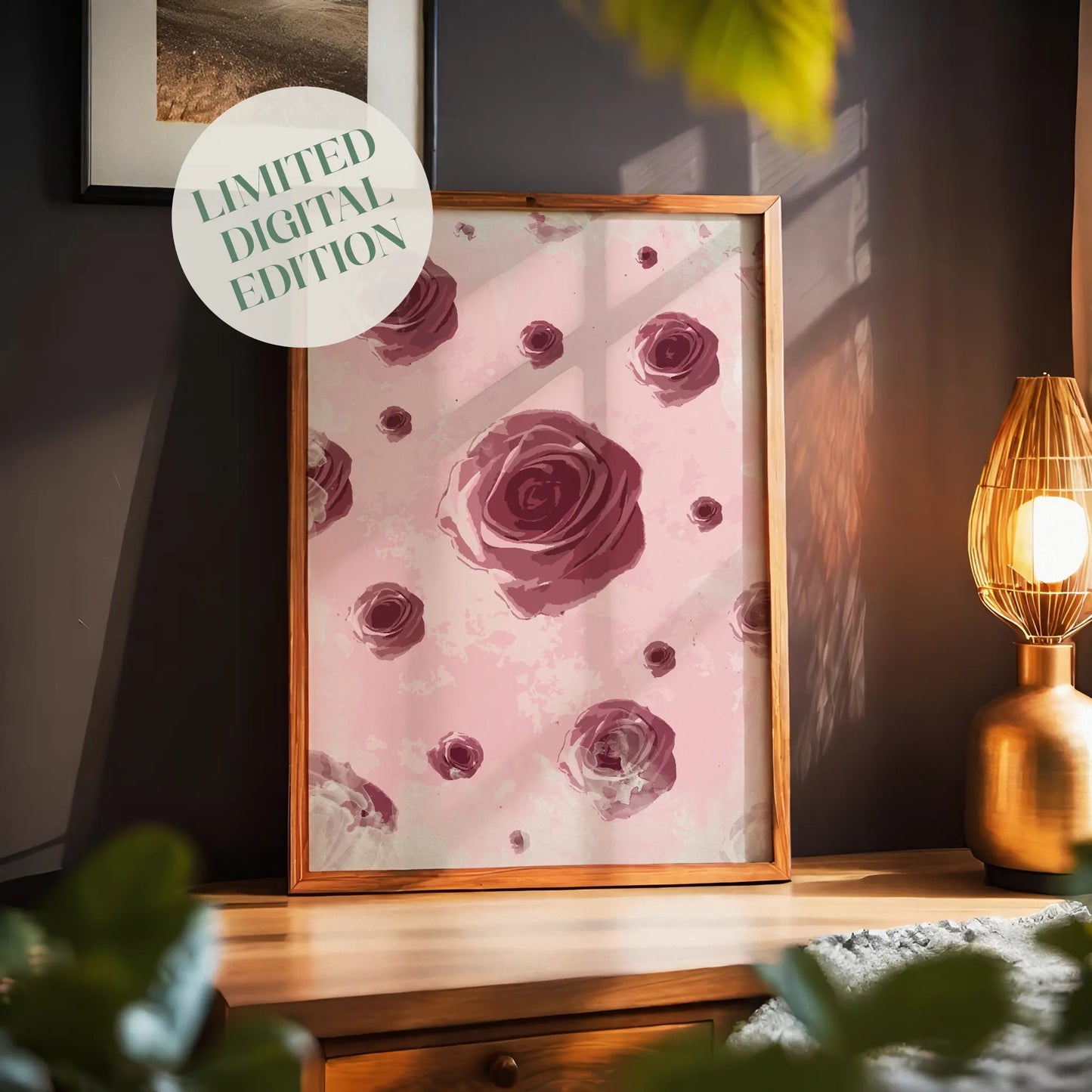 Romantic rose-themed printable wall art featuring a pattern of deep pink roses on a soft pastel background, perfect for feminine decor, bedroom walls, or Valentine’s Day gifts.