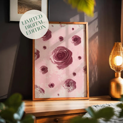 Romantic rose-themed printable wall art featuring a pattern of deep pink roses on a soft pastel background, perfect for feminine decor, bedroom walls, or Valentine’s Day gifts.