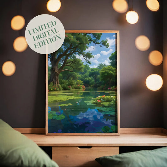 Tranquil landscape featuring a lush tropical pond surrounded by vibrant greenery, blooming water lilies, and tall trees with sprawling branches. The calm water reflects the blue sky and clouds, creating a serene and peaceful nature scene.