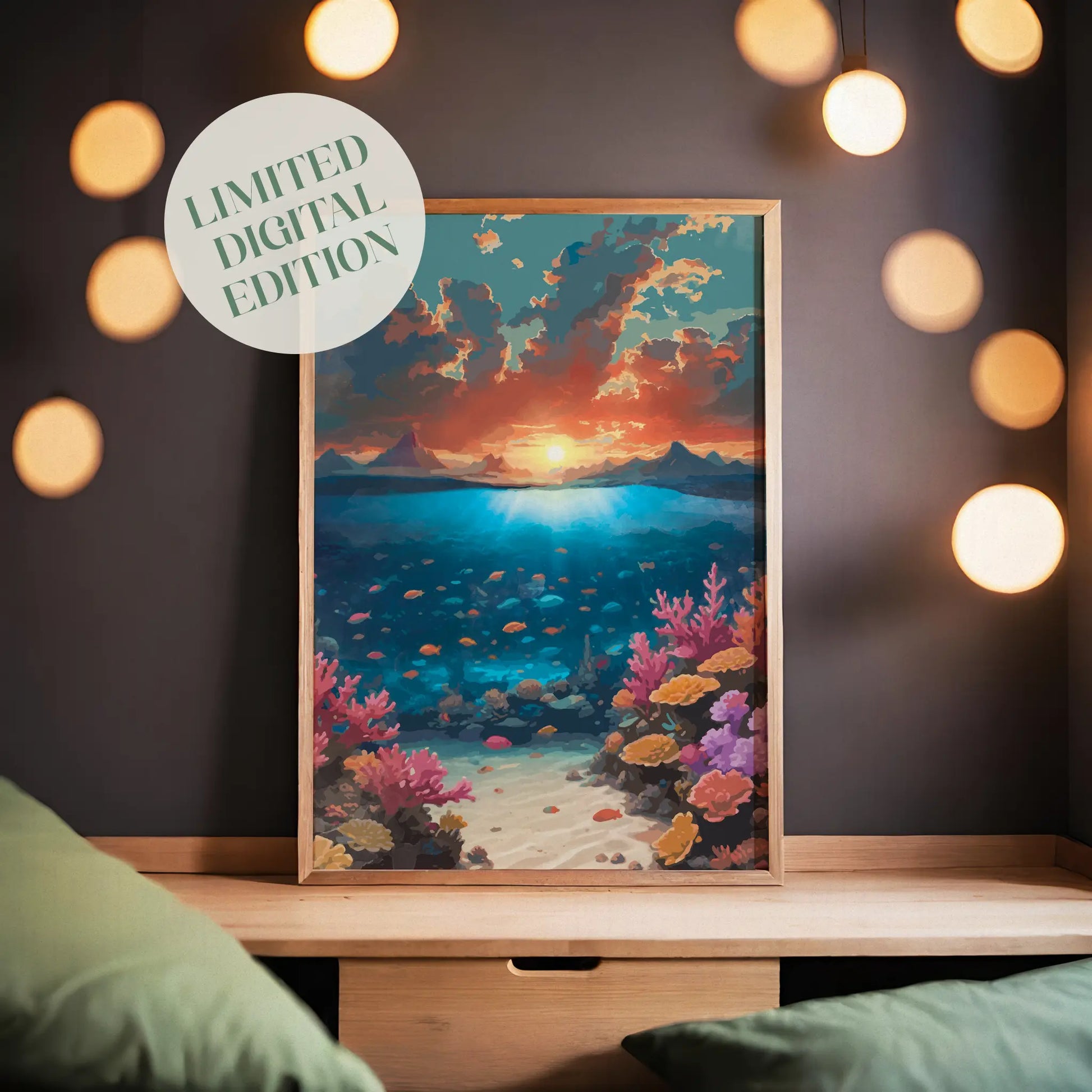 Underwater sunset wall art featuring a colorful coral reef teeming with tropical fish beneath glowing ocean waters, with a dramatic sunset sky and distant mountain silhouettes on the horizon