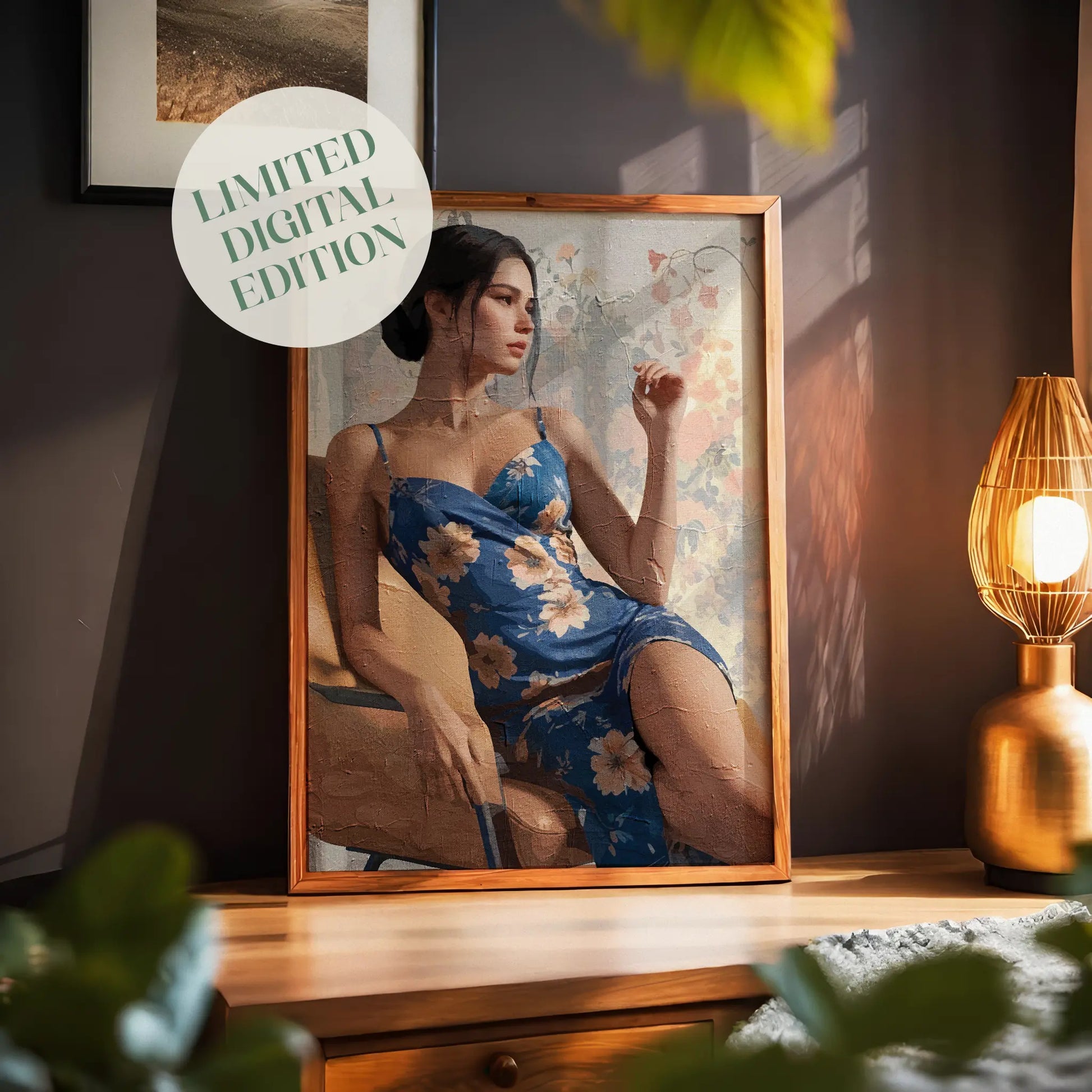 Elegant printable wall art featuring a stylish woman in a floral blue dress, seated gracefully on a chair against a soft, vintage-inspired floral backdrop, evoking sophistication and quiet confidence.
