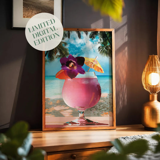 Tropical cocktail wall art print featuring a vibrant pink drink with a purple orchid, orange slice, and paper umbrella, set against a serene beach and palm tree backdrop, perfect for summer vibes and beach-themed decor