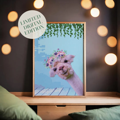 Whimsical printable wall art featuring a cute alpaca with a floral crown, set against a pastel blue background with hanging greenery, perfect for kids’ rooms, nurseries, or boho animal decor lovers.