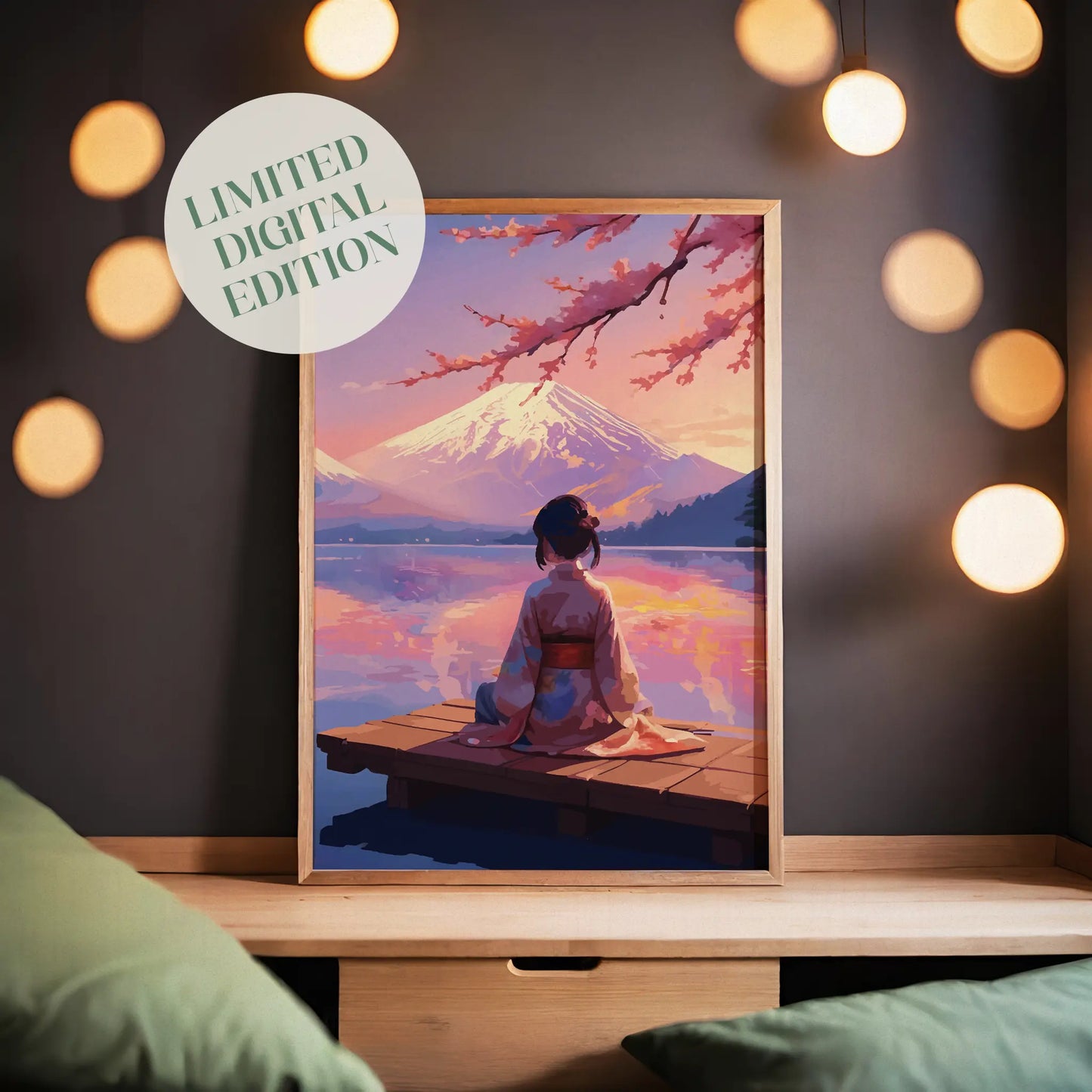 Tranquil Japanese-themed printable wall art featuring a woman in a kimono seated on a wooden dock, gazing at Mount Fuji across a serene lake during a pastel sunset, with cherry blossoms framing the scene - perfect for zen, travel, or Japan-inspired home decor