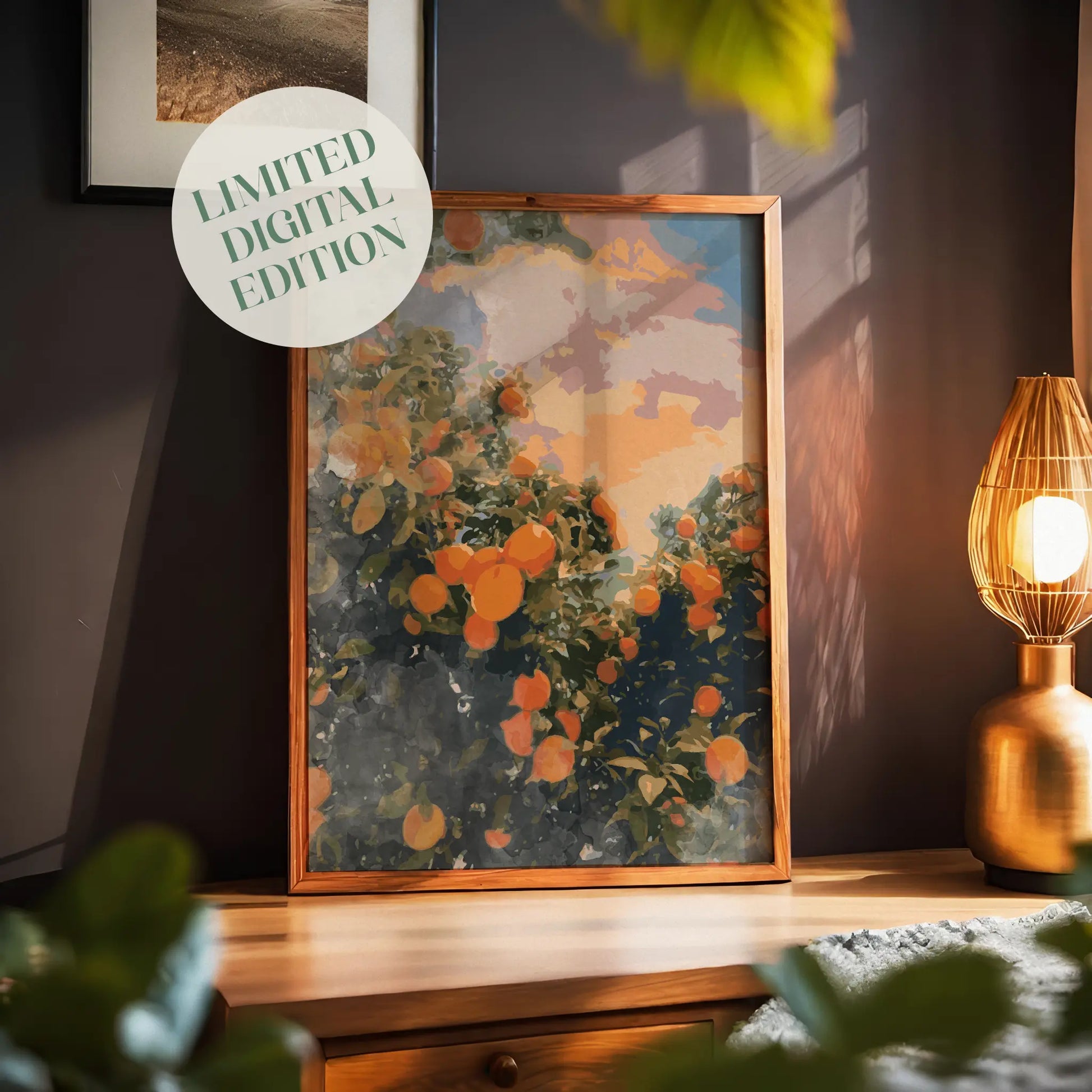 Sunset orchard printable wall art featuring vibrant orange fruit trees under a dreamy pastel sky, perfect for kitchen, dining, or farmhouse-inspired decor