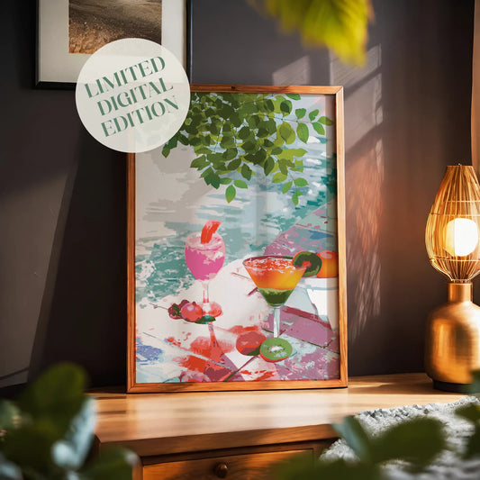 Vibrant tropical cocktail art print featuring colorful drinks with fruit garnishes, set by the water under lush green leaves, ideal for summer decor or beach-inspired kitchens
