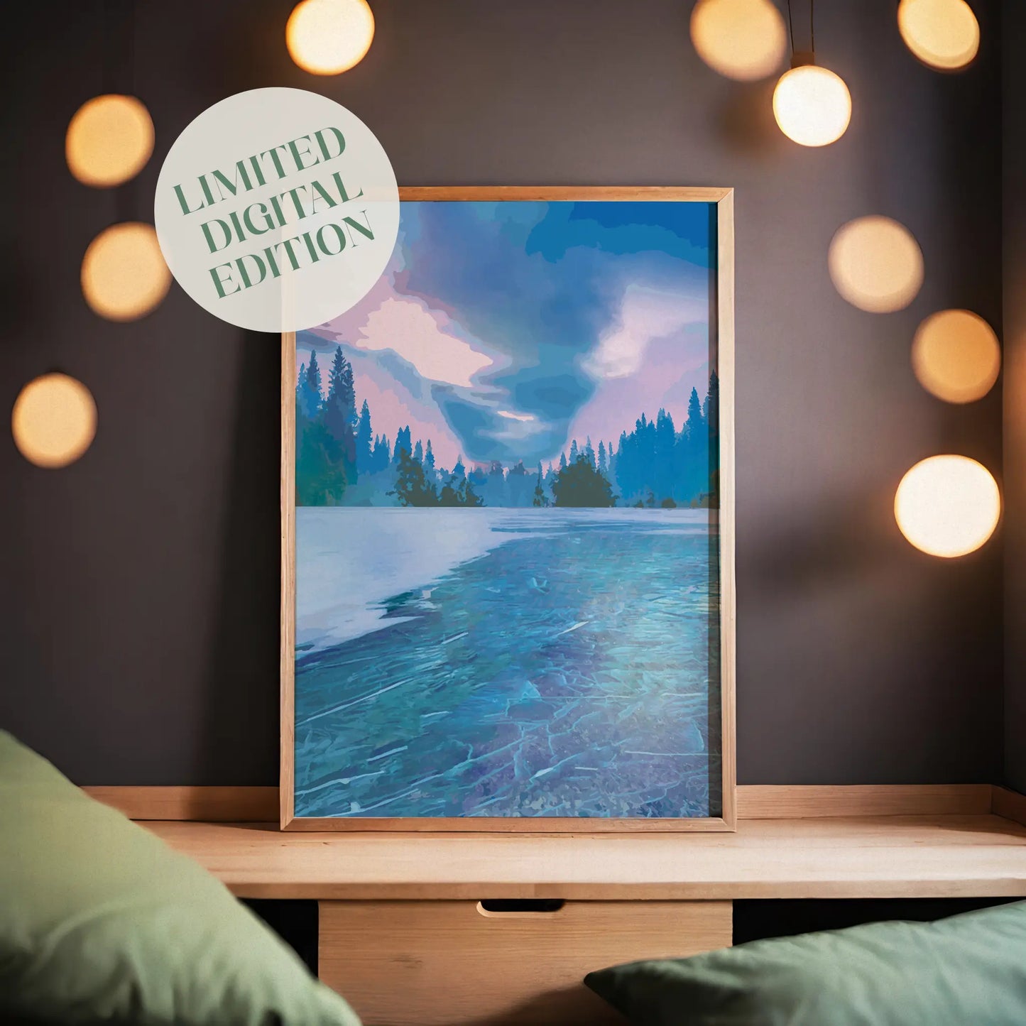 Peaceful winter landscape wall art featuring a frozen lake with visible icy textures, surrounded by pine trees under a moody twilight sky in soft shades of blue, lavender, and pink