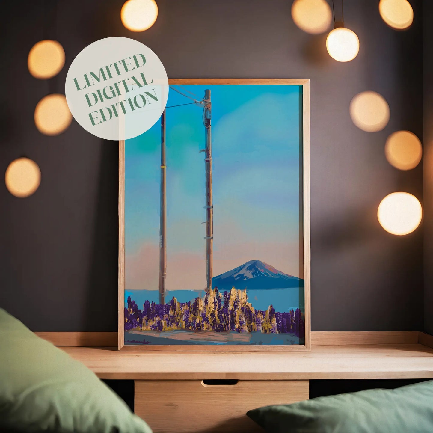 Minimalist mountain wall art featuring two wooden utility poles in a field of golden and purple wildflowers, with Mount Fuji in the distance under a soft pastel sunset sky