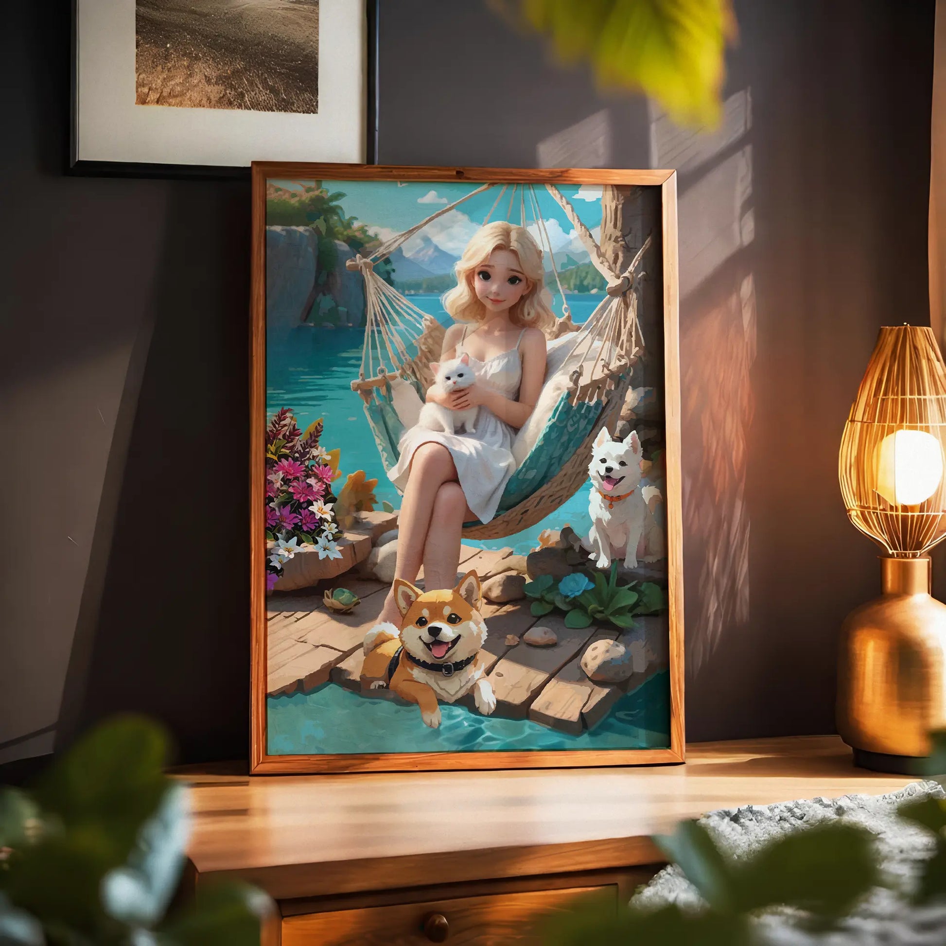 Whimsical printable wall art of a blonde woman in a white dress relaxing in a hammock by a turquoise lake, holding a white kitten, with two cheerful dogs nearby, vibrant flowers, and serene mountain scenery in the background.