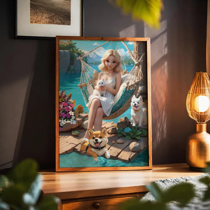 Whimsical printable wall art of a blonde woman in a white dress relaxing in a hammock by a turquoise lake, holding a white kitten, with two cheerful dogs nearby, vibrant flowers, and serene mountain scenery in the background.