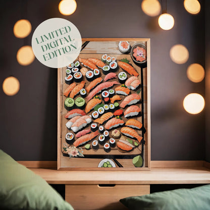Printable wall art of an assorted sushi platter with colorful nigiri, maki rolls, sashimi, wasabi, and pickled ginger on a wooden board, perfect for kitchen, dining area, or Japanese food-themed decor