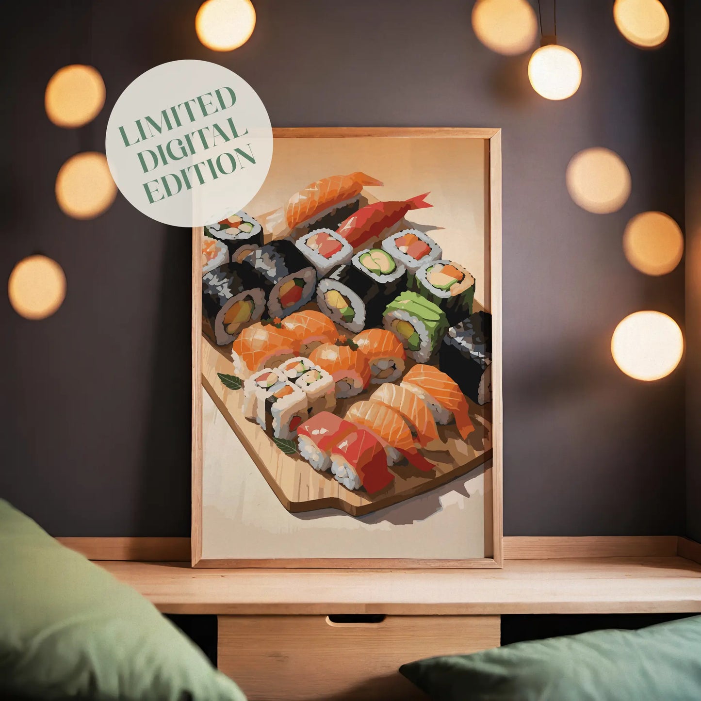 Printable wall art of an assorted sushi platter featuring colorful nigiri and sushi rolls with salmon, tuna, avocado, and vegetables, beautifully arranged on a wooden board, perfect for kitchen, dining area, or Japanese cuisine-themed decor.