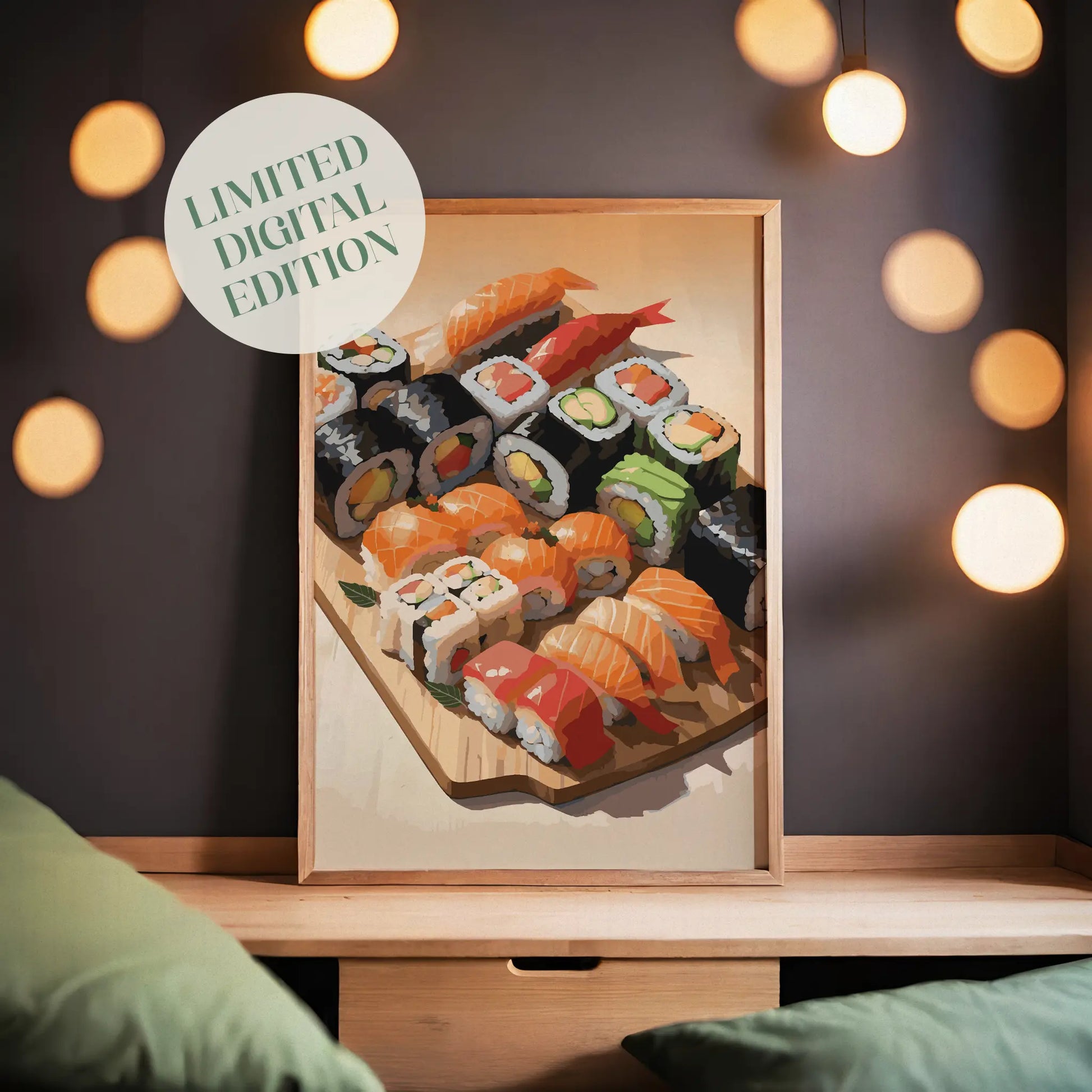 Printable wall art of an assorted sushi platter featuring colorful nigiri and sushi rolls with salmon, tuna, avocado, and vegetables, beautifully arranged on a wooden board, perfect for kitchen, dining area, or Japanese cuisine-themed decor.