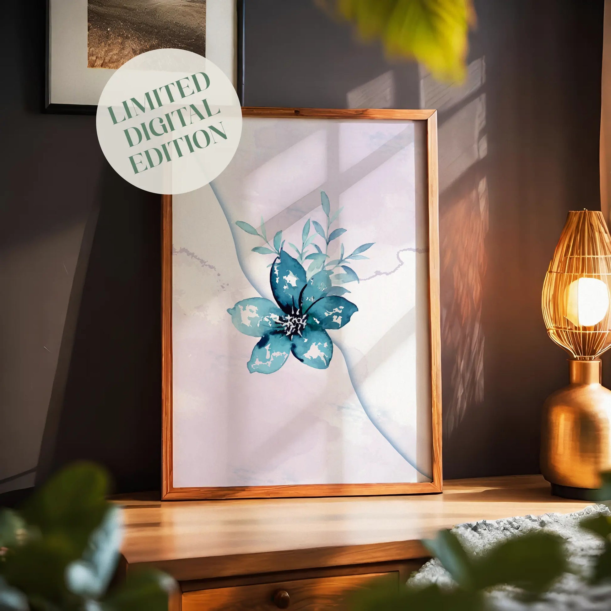 Elegant watercolor illustration of a teal blue flower with leafy accents on a soft lavender and white abstract background, minimalist botanical printable wall art for serene home decor.