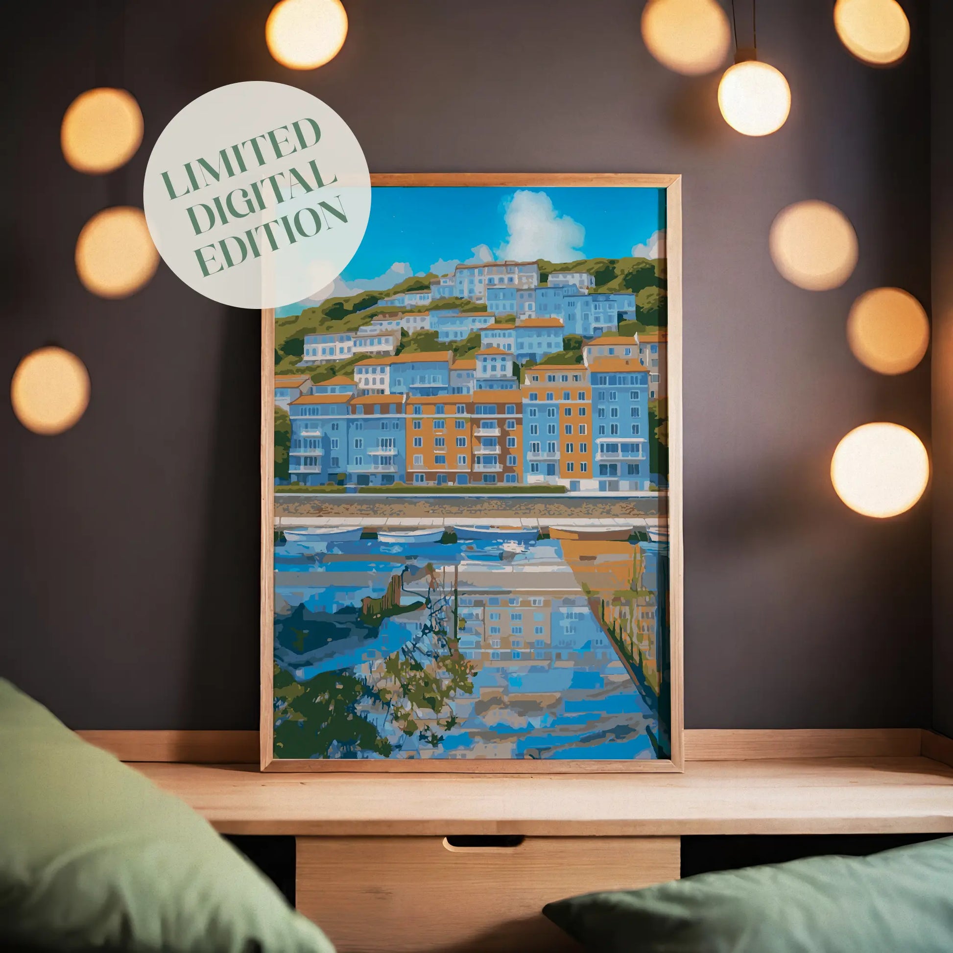 Coastal cityscape wall art showcasing colorful hillside buildings in shades of blue and orange, reflected in a calm waterfront marina with small boats and a bright blue sky overhead