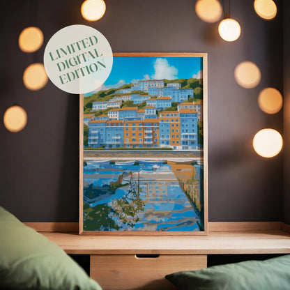 Coastal cityscape wall art showcasing colorful hillside buildings in shades of blue and orange, reflected in a calm waterfront marina with small boats and a bright blue sky overhead