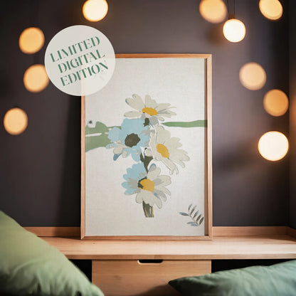 Minimalist printable wall art featuring hand-painted white daisies with yellow centers and soft blue accents, a calming botanical design perfect for bedroom, hallway, or cottagecore-inspired decor.
