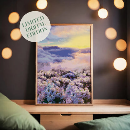 Dreamy floral landscape printable wall art featuring a field of pastel blossoms beneath a radiant sky at sunset, perfect for romantic, tranquil, or nature-inspired interior decor.