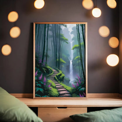 Scenic wall art of a misty bamboo forest with a winding path leading to a tall waterfall surrounded by lush greenery and purple flowers