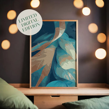 Elegant abstract printable wall art featuring layered brushstroke patterns in rich teal, turquoise, beige, and brown tones with a textured, painterly effect, perfect for adding depth and sophistication to modern interiors