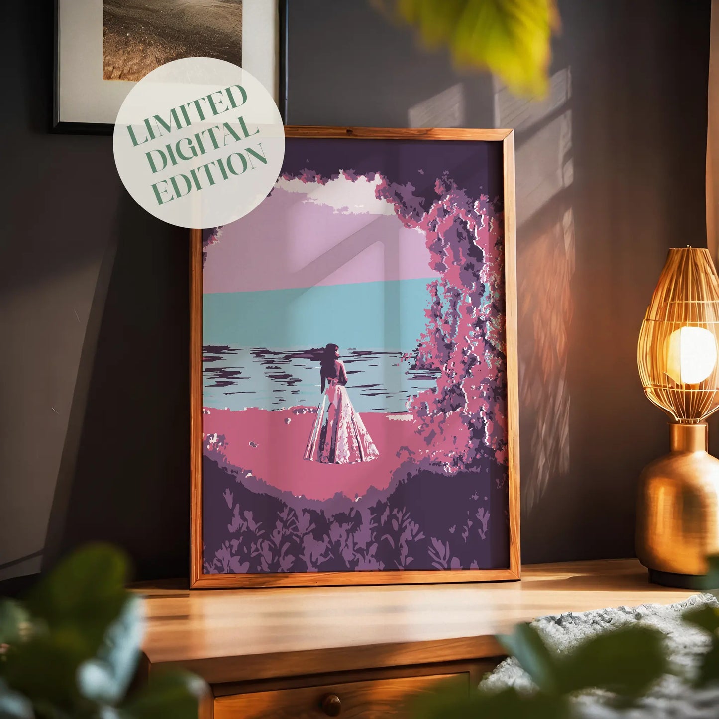 Dreamy beach wall art featuring a woman in a flowing dress standing by the ocean, framed by pink and purple foliage, with a calm sea and pastel sky creating a serene, romantic atmosphere