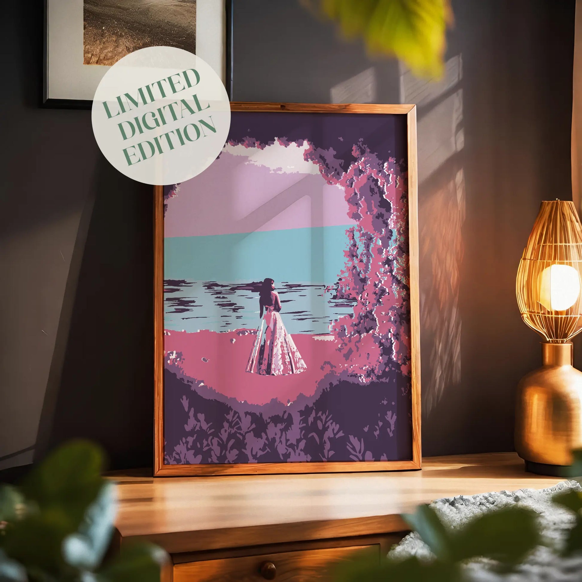 Dreamy beach wall art featuring a woman in a flowing dress standing by the ocean, framed by pink and purple foliage, with a calm sea and pastel sky creating a serene, romantic atmosphere