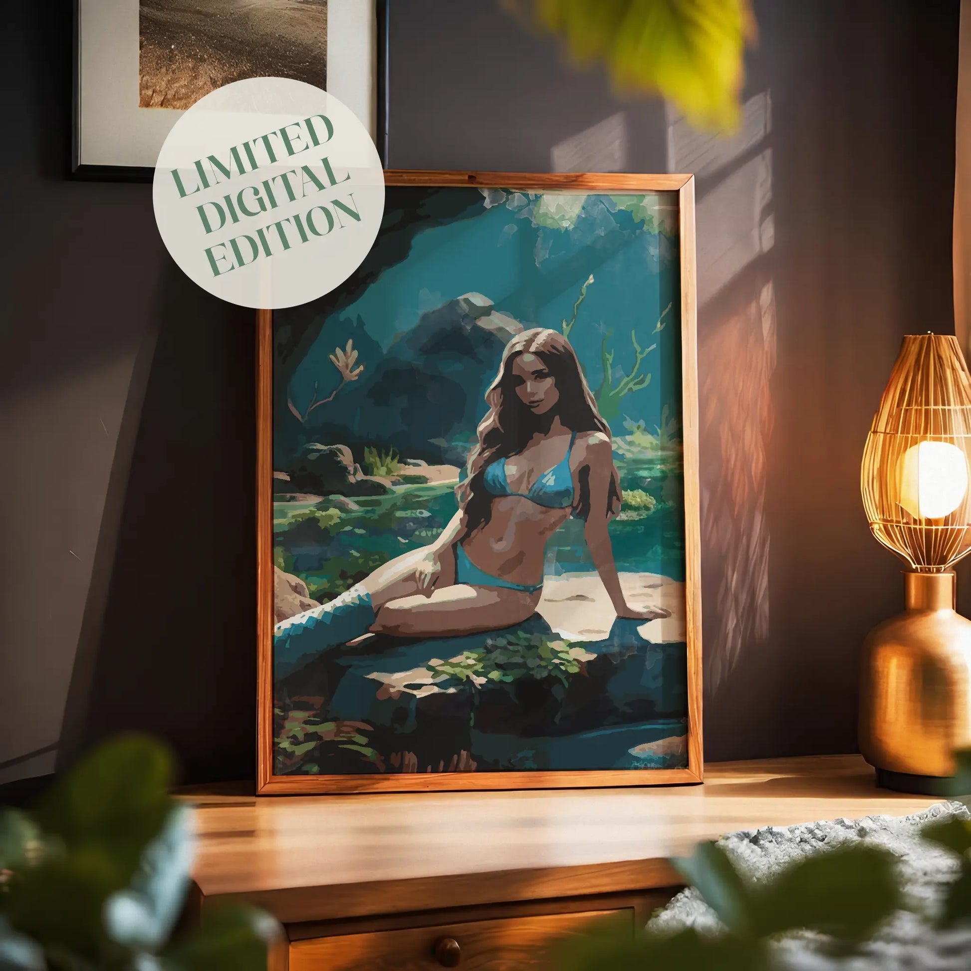Stylish printable wall art featuring a woman in a blue bikini relaxing by a serene, sunlit forest pool, a blend of natural beauty and elegance, perfect for beach-themed or tropical decor