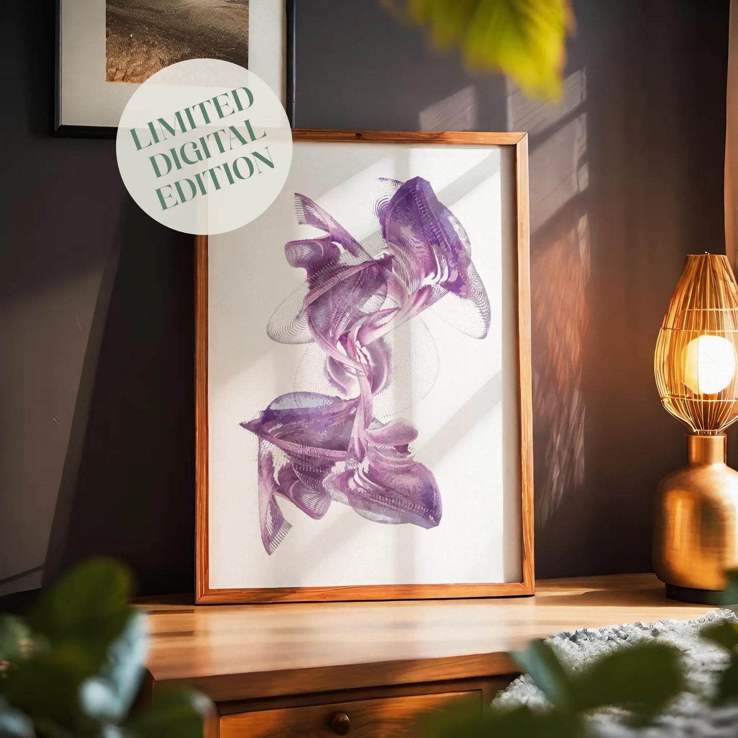 Elegant abstract printable wall art featuring fluid, ribbon-like shapes in rich purple tones with intricate line details on a clean white background, perfect for adding a touch of sophistication to modern spaces