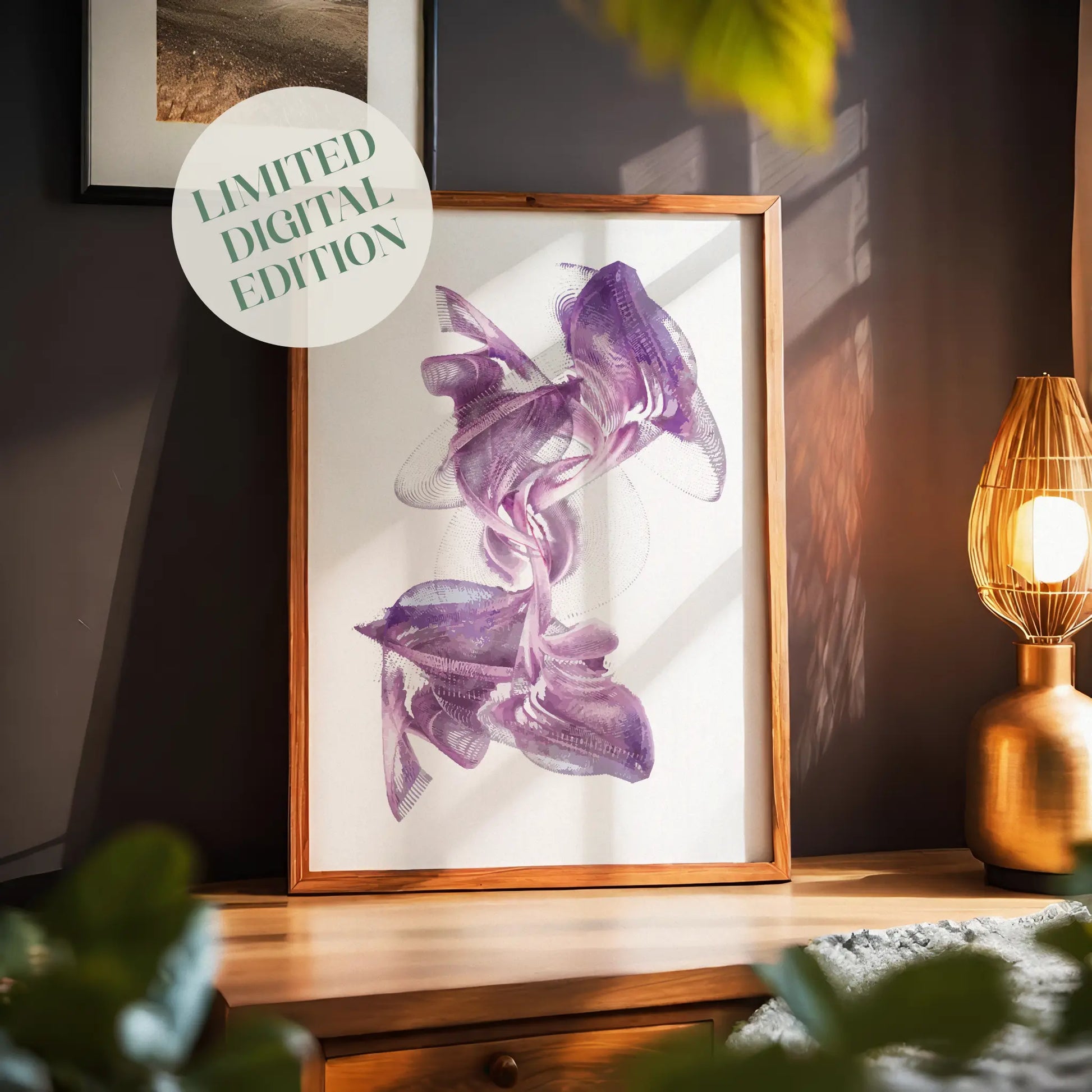 Elegant abstract printable wall art featuring fluid, ribbon-like shapes in rich purple tones with intricate line details on a clean white background, perfect for adding a touch of sophistication to modern spaces