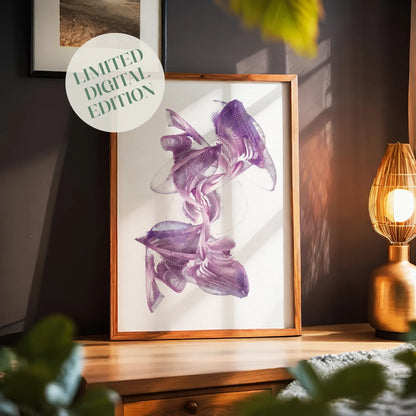 Elegant abstract printable wall art featuring fluid, ribbon-like shapes in rich purple tones with intricate line details on a clean white background, perfect for adding a touch of sophistication to modern spaces