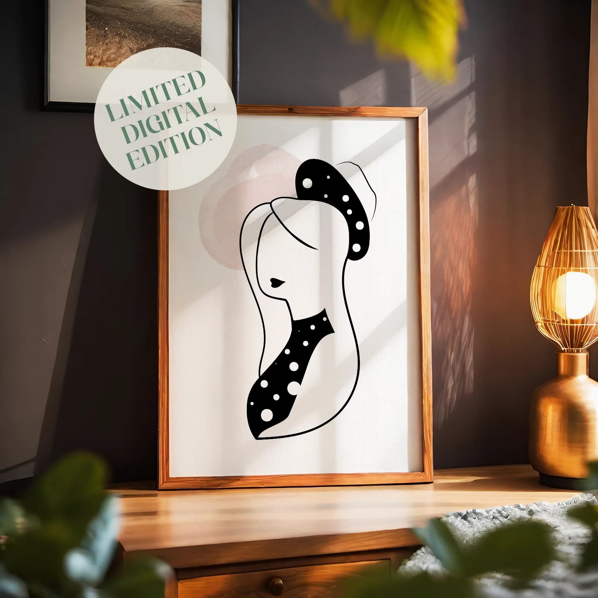 Minimalist line art of a stylish woman in a polka-dot hat and scarf, with abstract pink watercolor accents, modern black and white fashion illustration for elegant home decor