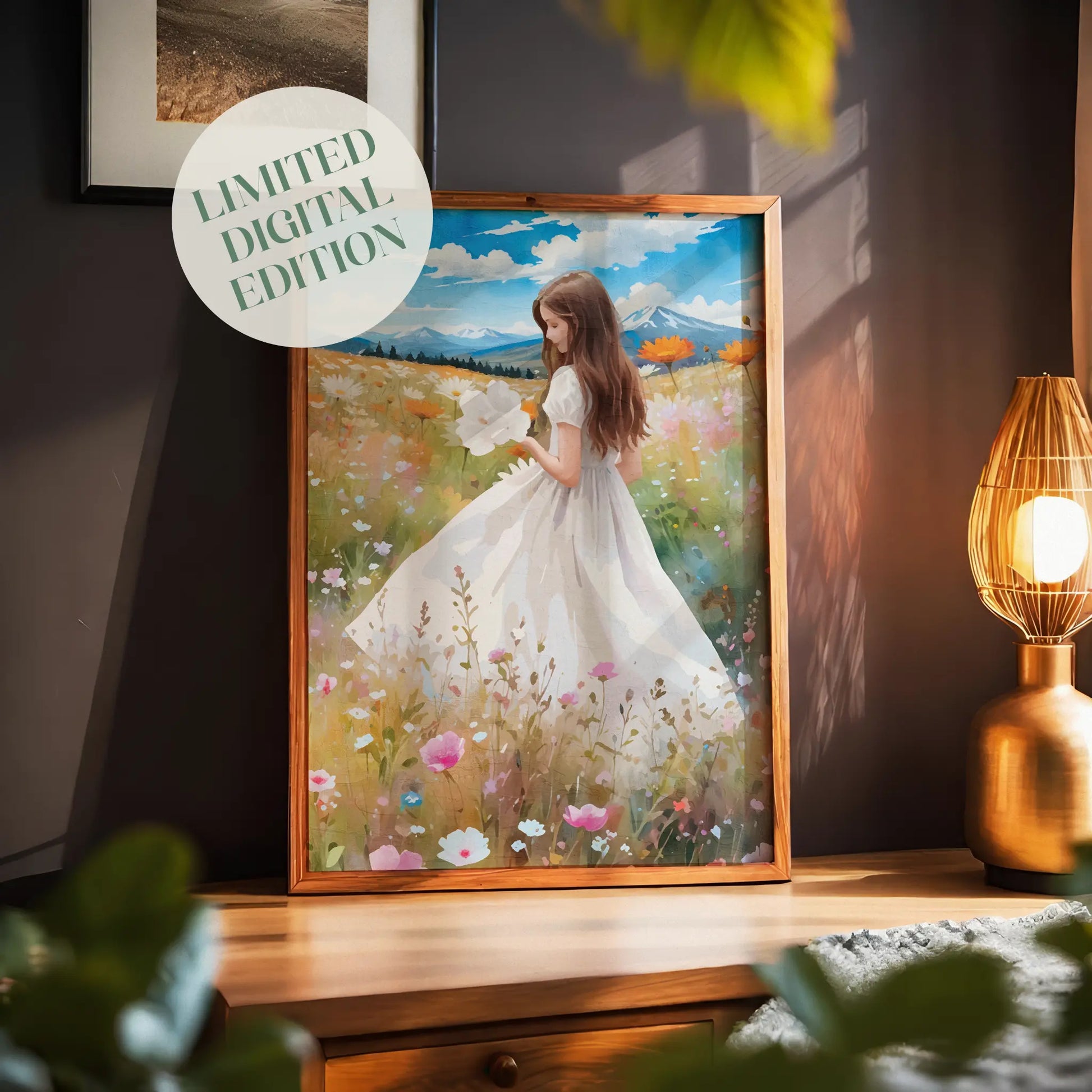 Whimsical printable wall art of a young woman in a flowing white dress standing in a vibrant wildflower meadow, holding a large white bloom, with distant mountains and a bright blue sky in the background - perfect for cottagecore, feminine, or nature-inspired decor