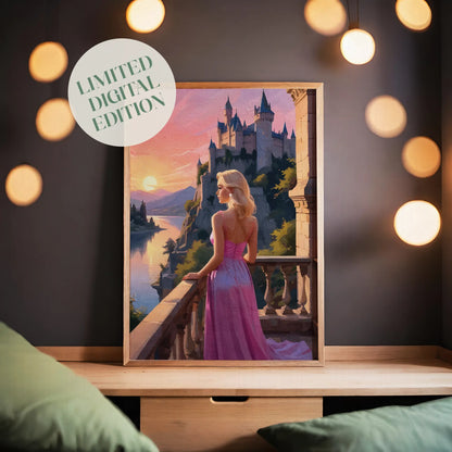 Romantic fantasy wall art featuring an elegant woman in a flowing pink gown standing on a stone balcony at sunset. She overlooks a glowing river valley and a majestic castle perched on a cliff, surrounded by pastel skies, soft golden light, and distant mountains, creating a dreamy fairytale atmosphere. Digital Download. Printable Wall Art.
