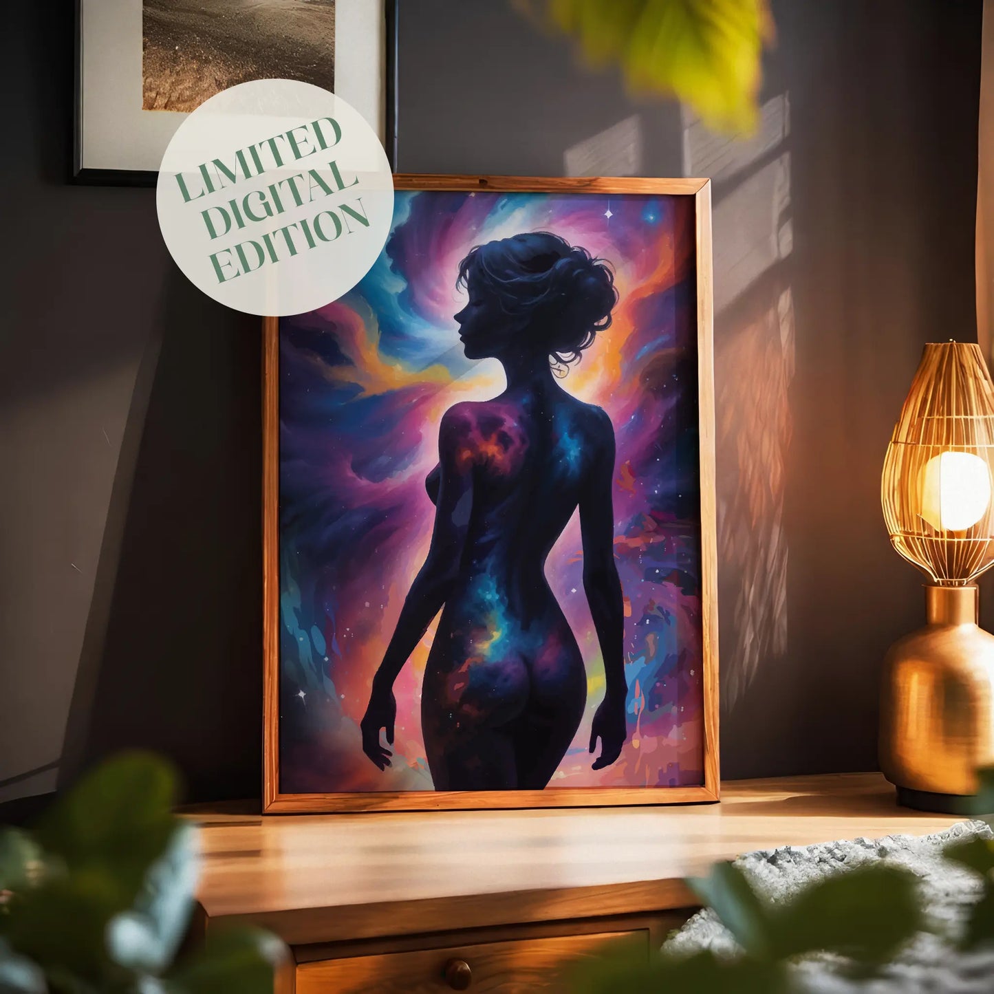 Stunning cosmic silhouette wall art of a woman's body filled with vibrant galaxies and nebulae, blending human form with the universe, surreal printable artwork perfect for celestial and space decor themes
