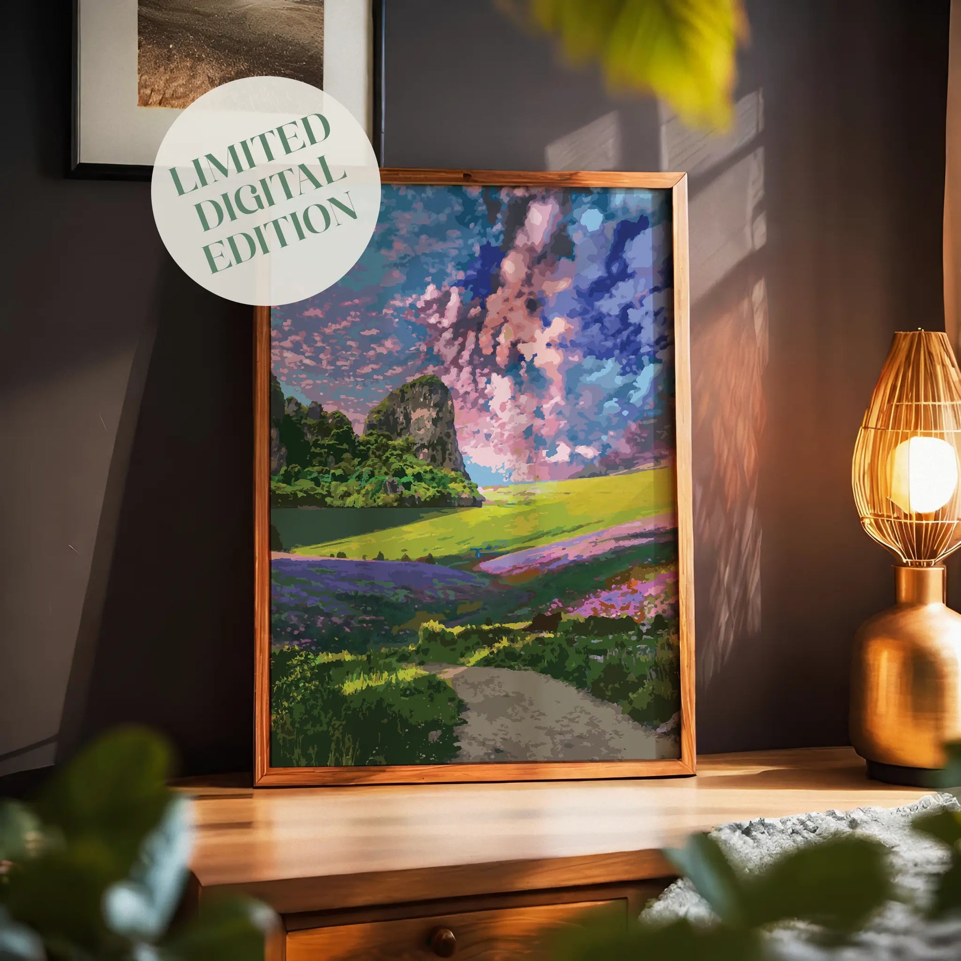 Colorful landscape wall art featuring a winding path through rolling hills covered in wildflowers, dramatic rocky cliffs, and a surreal sky filled with swirling pink, purple, and blue clouds