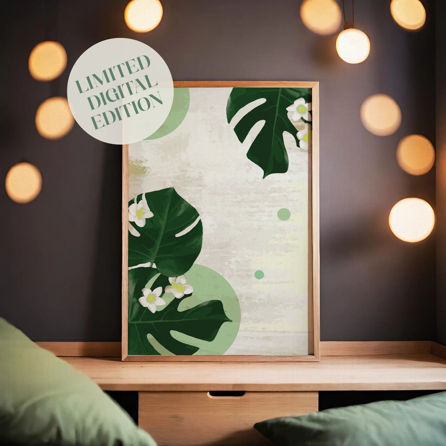 Tropical-themed printable wall art featuring large green monstera leaves and white plumeria flowers on a soft textured beige background with abstract green circles, perfect for adding a fresh botanical touch to any space