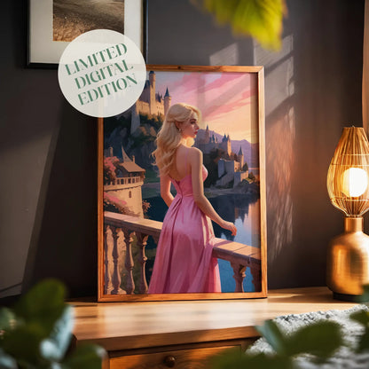 Romantic digital painting of a blonde woman in a flowing pink gown standing on a castle balcony at sunset, fairytale princess wall art print