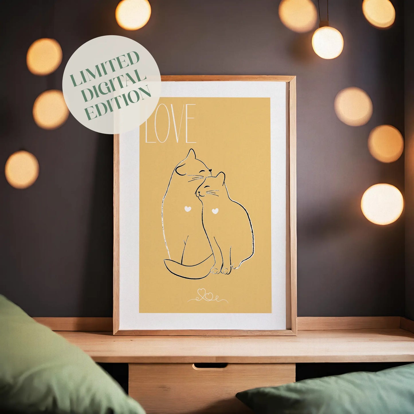Minimalist printable wall art featuring two affectionate line-drawn cats with heart details on a warm mustard yellow background, topped with the word 'LOVE' - perfect for pet lovers and modern home decor