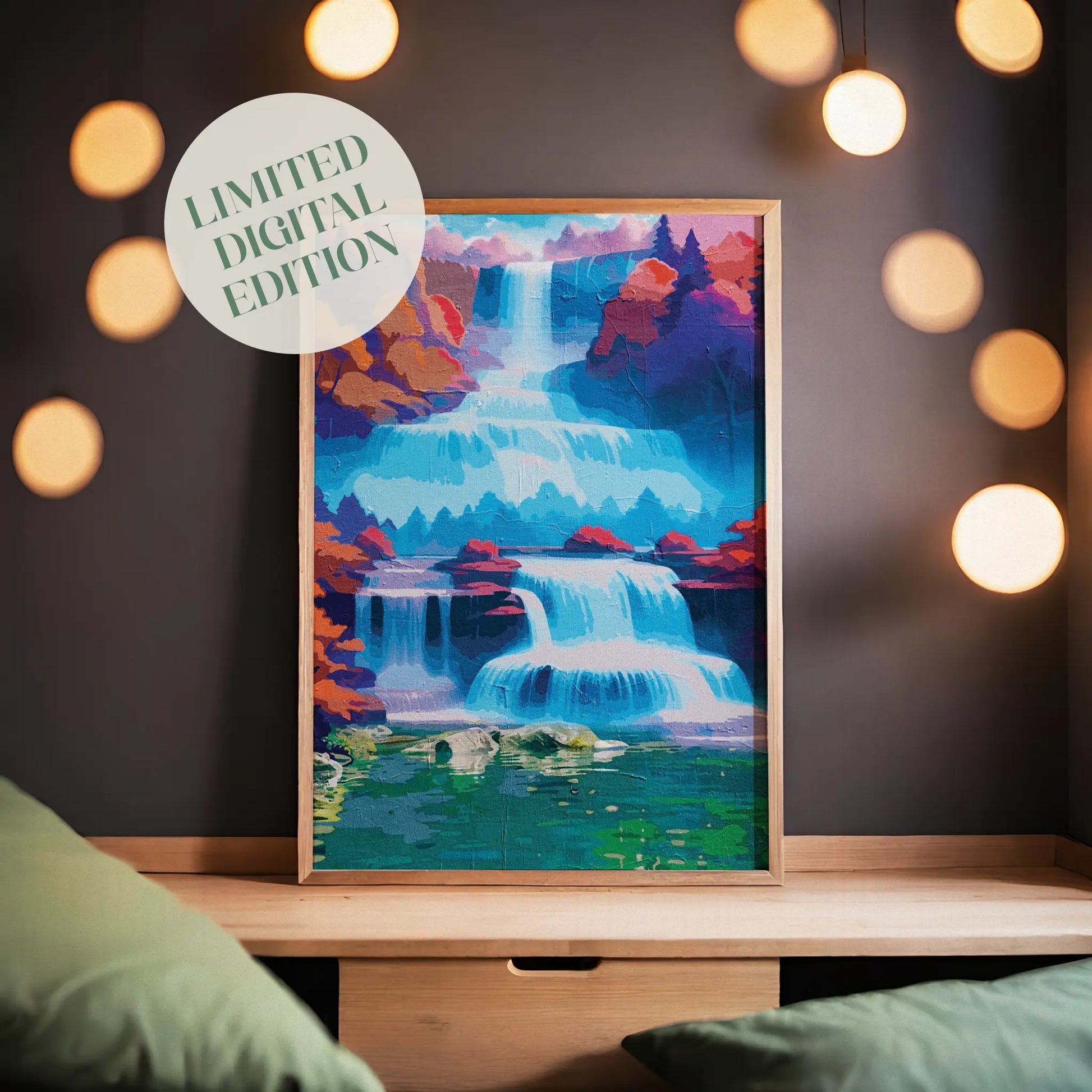 Vibrant waterfall wall art featuring a multi-tiered cascade flowing through a forest of colorful autumn trees, with glowing blue water and reflections in a tranquil green pool below