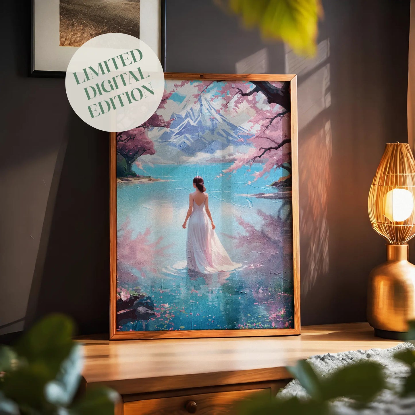 Dreamy landscape printable wall art of a woman in a flowing white gown standing in a serene lake, surrounded by cherry blossoms with a majestic snow-capped mountain in the background, ideal for tranquil, romantic, and nature-inspired interiors