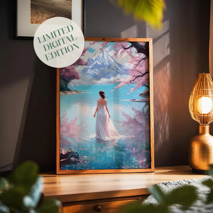 Dreamy landscape printable wall art of a woman in a flowing white gown standing in a serene lake, surrounded by cherry blossoms with a majestic snow-capped mountain in the background, ideal for tranquil, romantic, and nature-inspired interiors