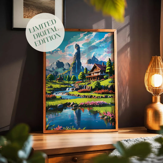 Scenic fantasy-style printable wall art showcasing a wooden chalet beside a cascading stream, surrounded by colorful flowers, pine trees, and dramatic mountain peaks under a vibrant sky - perfect for nature lovers, cabin decor, or adventure-inspired interiors