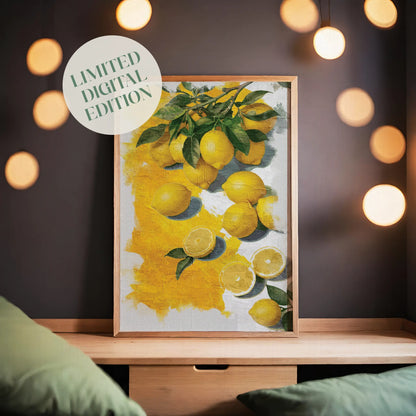 Printable wall art of vibrant yellow lemons with green leaves, some whole and some sliced, set against a textured white and yellow painted background, perfect for kitchen, farmhouse, or citrus-themed decor