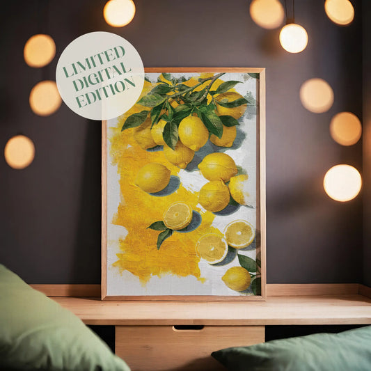 Printable wall art of vibrant yellow lemons with green leaves, some whole and some sliced, set against a textured white and yellow painted background, perfect for kitchen, farmhouse, or citrus-themed decor