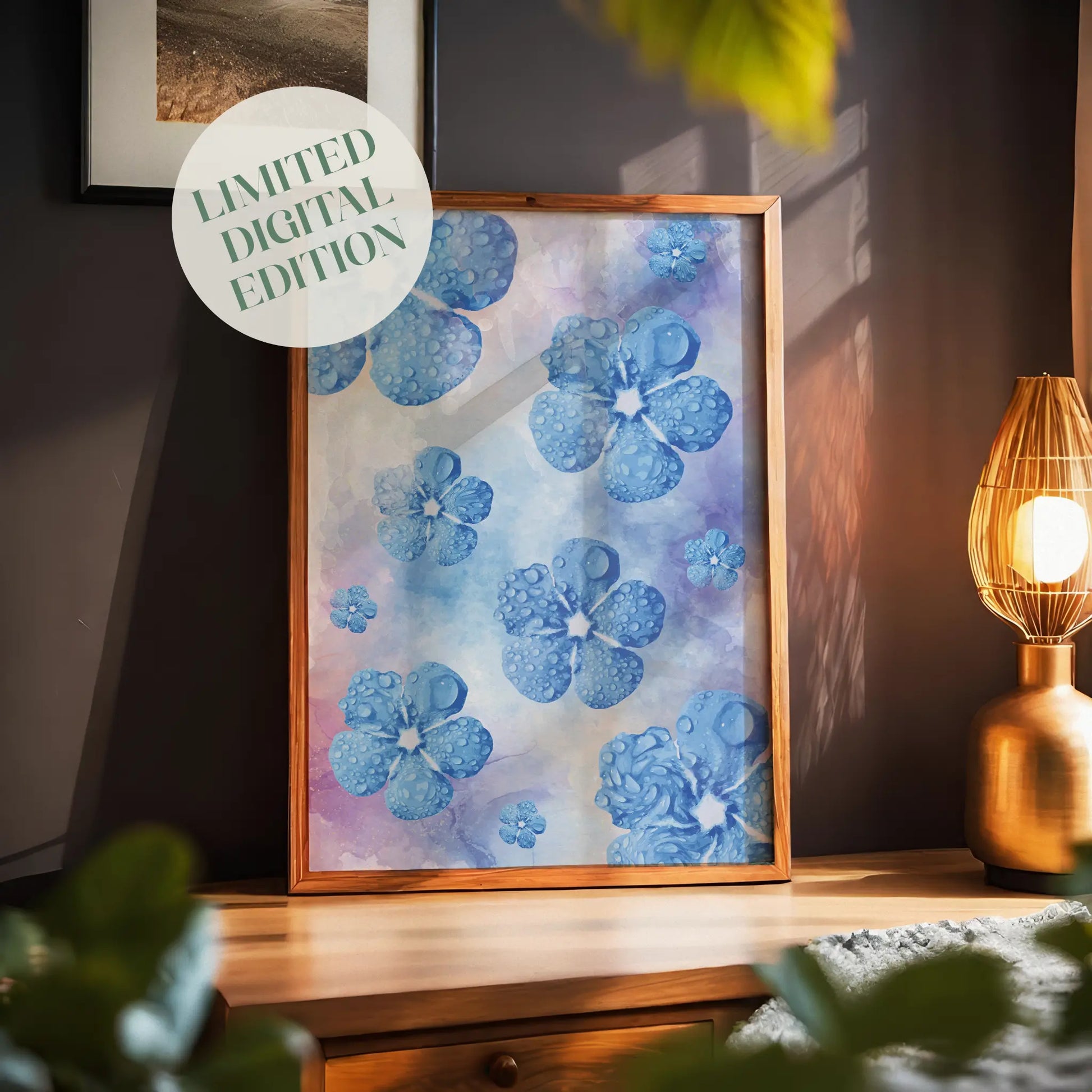 Dreamy blue floral wall art featuring watercolor-effect blossoms with dewdrop textures on a pastel gradient background, a delicate and calming printable for modern home or nursery decor.