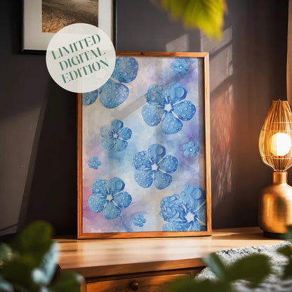 Dreamy blue floral wall art featuring watercolor-effect blossoms with dewdrop textures on a pastel gradient background, a delicate and calming printable for modern home or nursery decor.