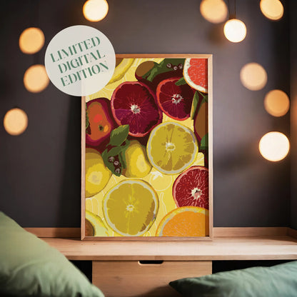 Bold and colorful printable wall art of sliced citrus fruits including blood oranges, lemons, and grapefruits on a vibrant yellow background, ideal for brightening up kitchens, cafes, or fruit-themed decor spaces