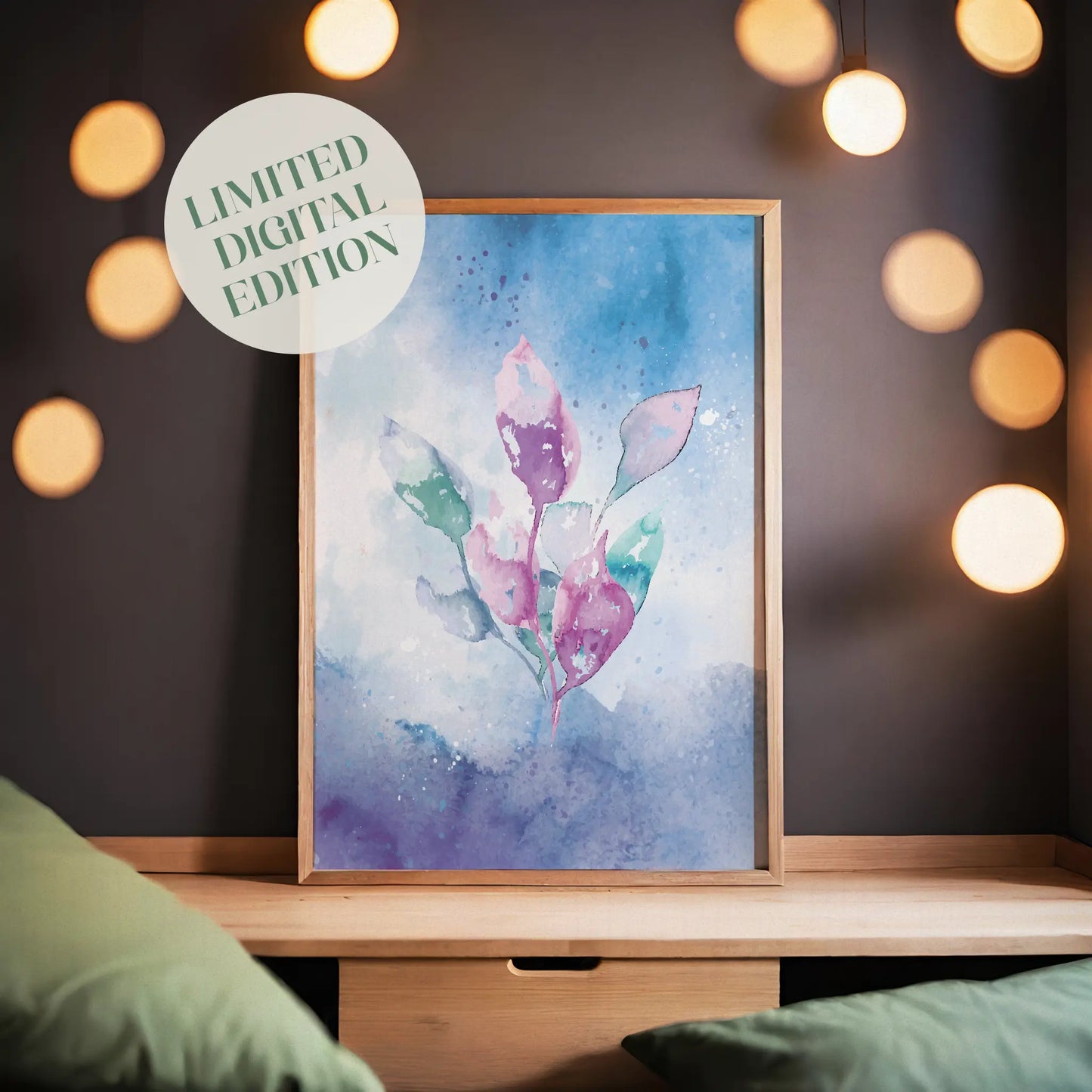 Watercolor illustration of delicate pink, purple, and green leaves on a dreamy blue and violet background, abstract botanical printable wall art for modern, tranquil interiors.