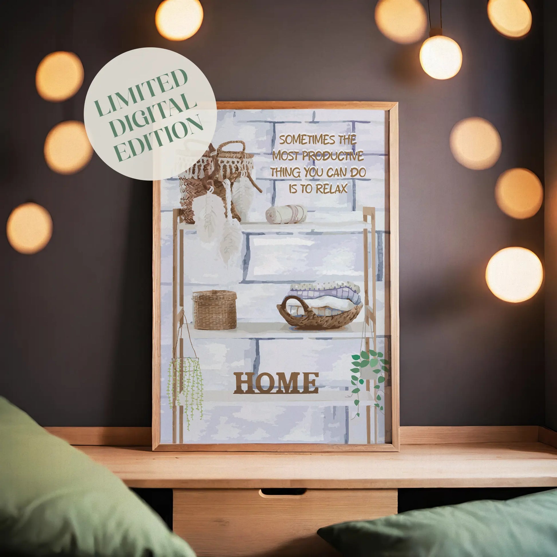 Cozy printable wall art featuring a minimalist home shelf decor with baskets, feathers, and plants, paired with the inspirational quote: 'Sometimes the most productive thing you can do is to relax', perfect for creating a calming atmosphere in any living space